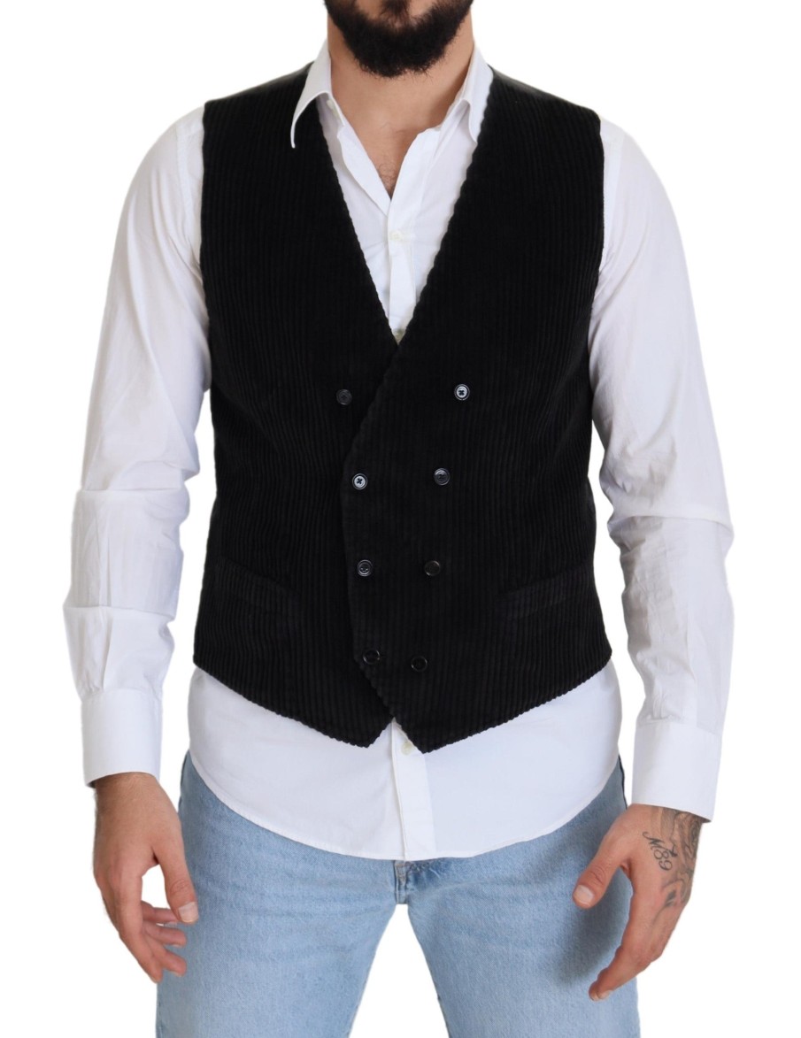 Men Dolce & Gabbana Men'S Vests | Dolce & Gabbana Black Cotton Double Breasted Waistcoat Vest