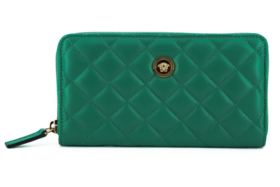 Women Versace Women'S Leather Accessories | Versace Green Leather Long Zip Around Wallet