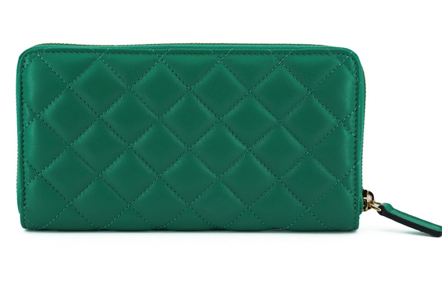 Women Versace Women'S Leather Accessories | Versace Green Leather Long Zip Around Wallet