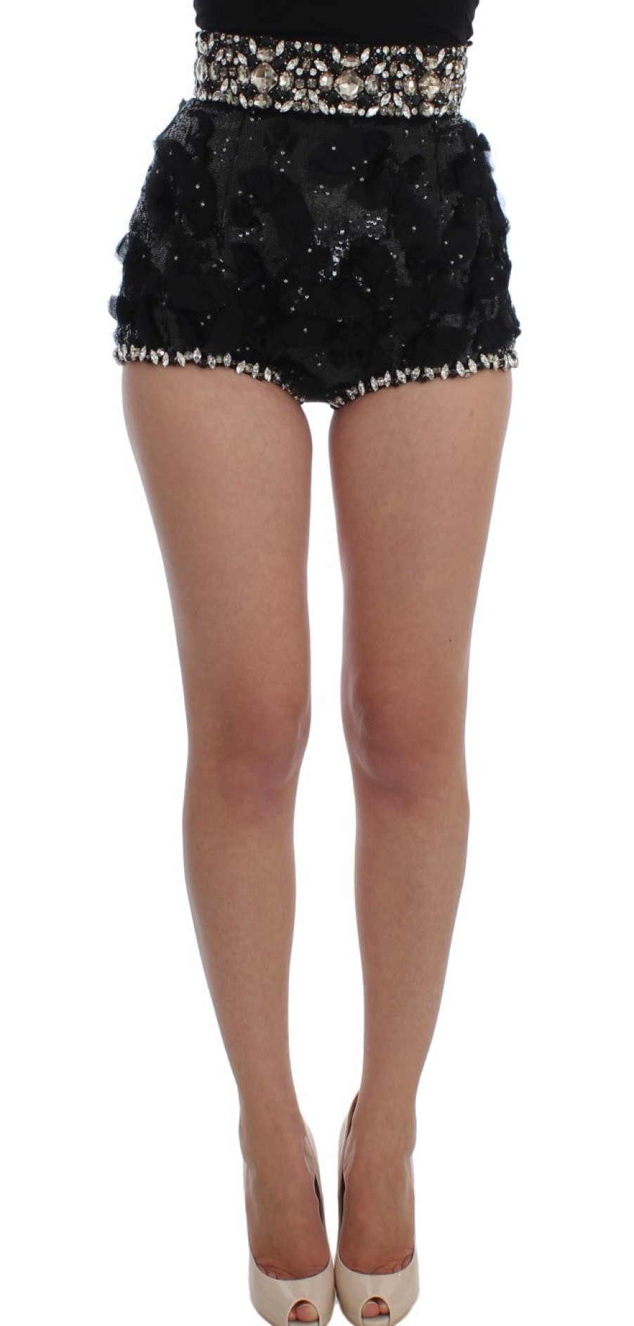 Women Dolce & Gabbana Women'S Shorts | Dolce & Gabbana Black Crystal Sequined Mini Shorts