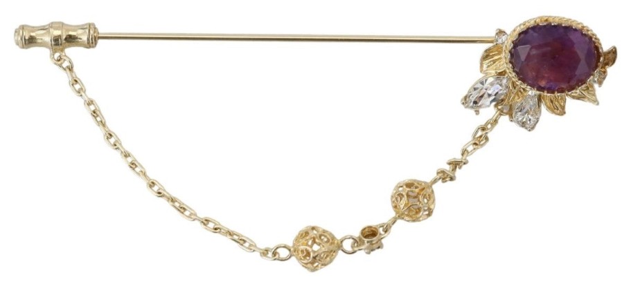 Women Dolce & Gabbana Women'S Brooches | Dolce & Gabbana Gold Tone 925 Sterling Silver Crystal Chain Pin Brooch