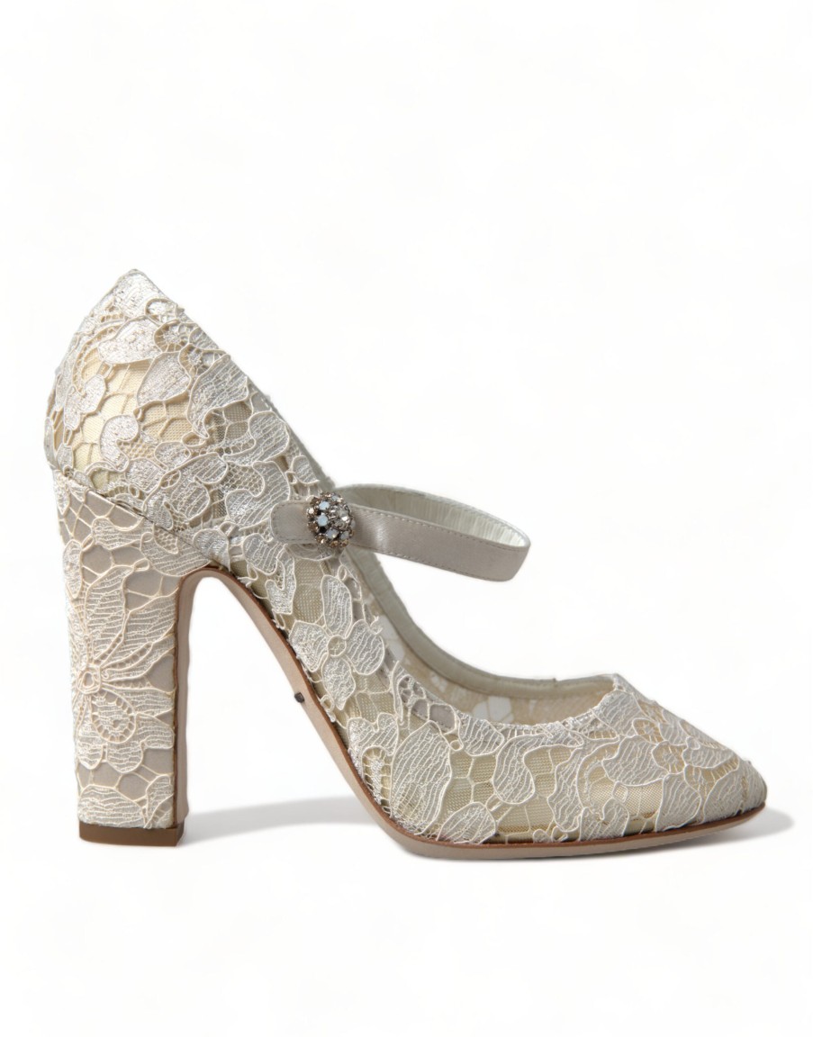 Women Dolce & Gabbana Women'S Sandals | Dolce & Gabbana White Lace Crystals Heels Sandals Shoes