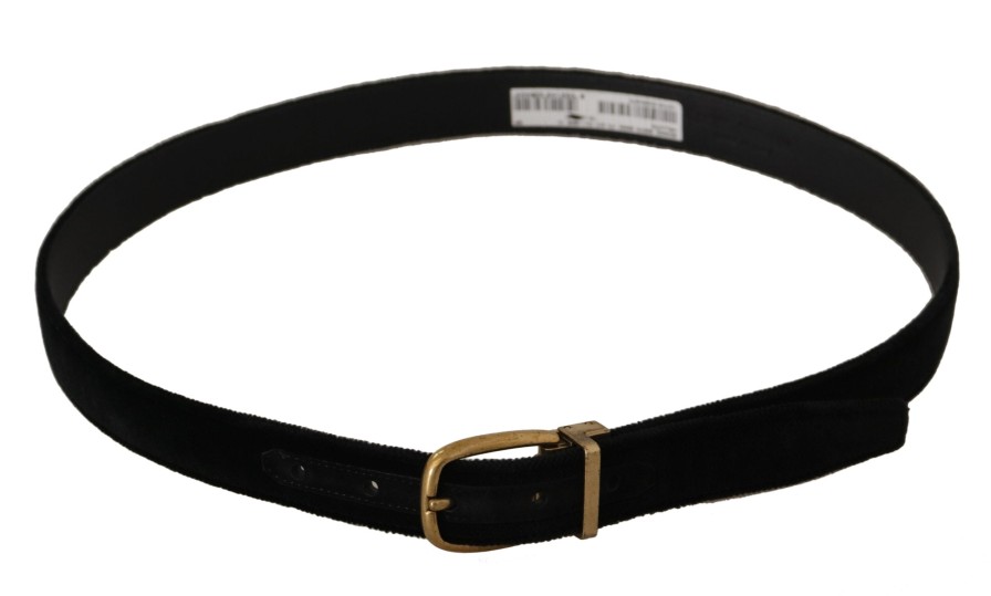 Men Dolce & Gabbana Men'S Belts | Dolce & Gabbana Black Velvet Leather Gold Tone Metal Buckle Belt