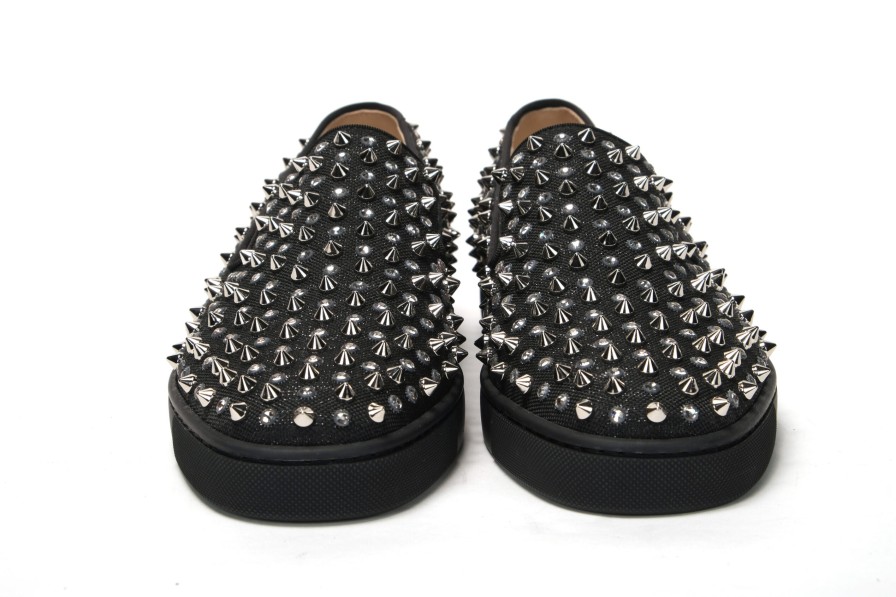 Men Christian Louboutin Men'S Loafers | Christian Louboutin Black/Crystal Sv Version Roller 1C1S Flat Shoes