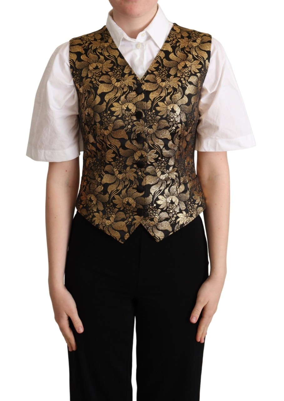 Women Dolce & Gabbana Women'S Vest | Dolce & Gabbana Black Gold Jacquard Silk Waistcoat Vest