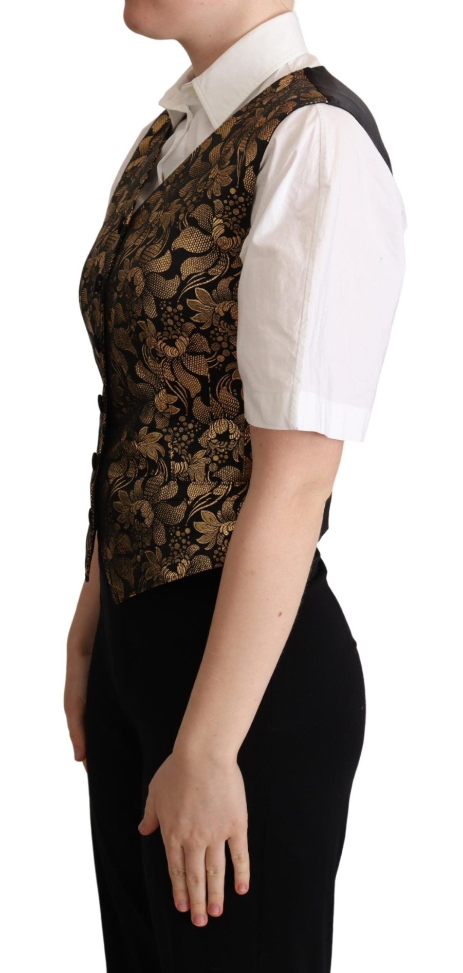 Women Dolce & Gabbana Women'S Vest | Dolce & Gabbana Black Gold Jacquard Silk Waistcoat Vest