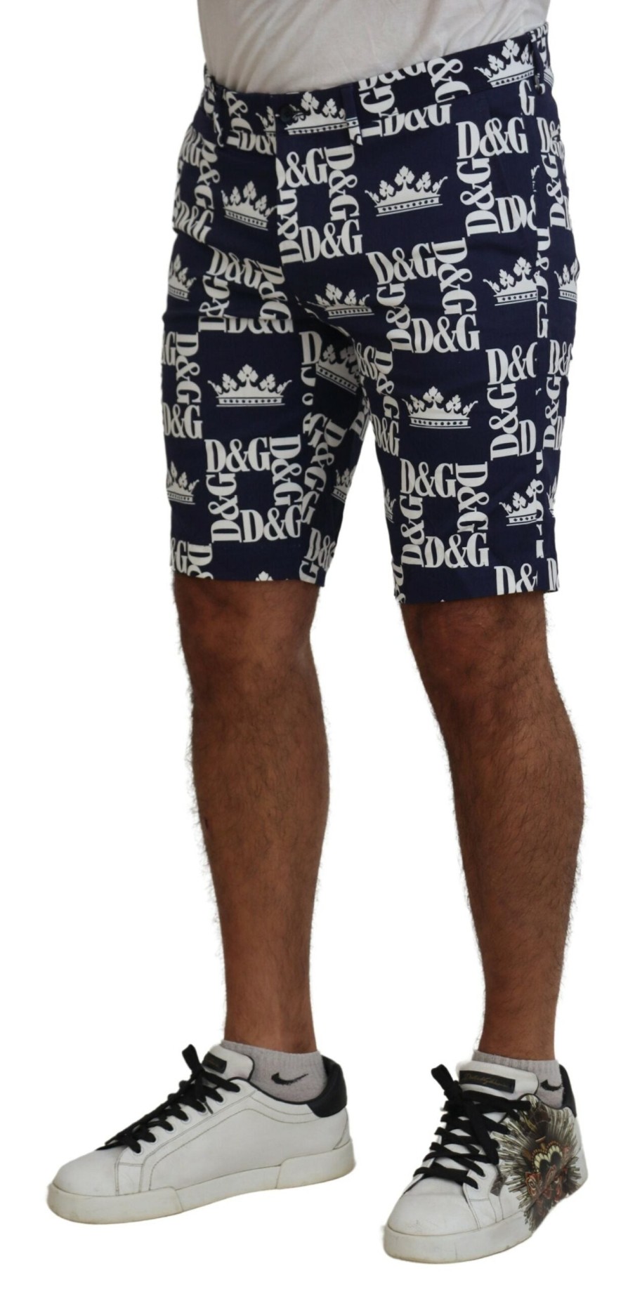 Men Dolce & Gabbana Men'S Shorts | Dolce & Gabbana Blue Logo Print Cotton Chinos Shorts