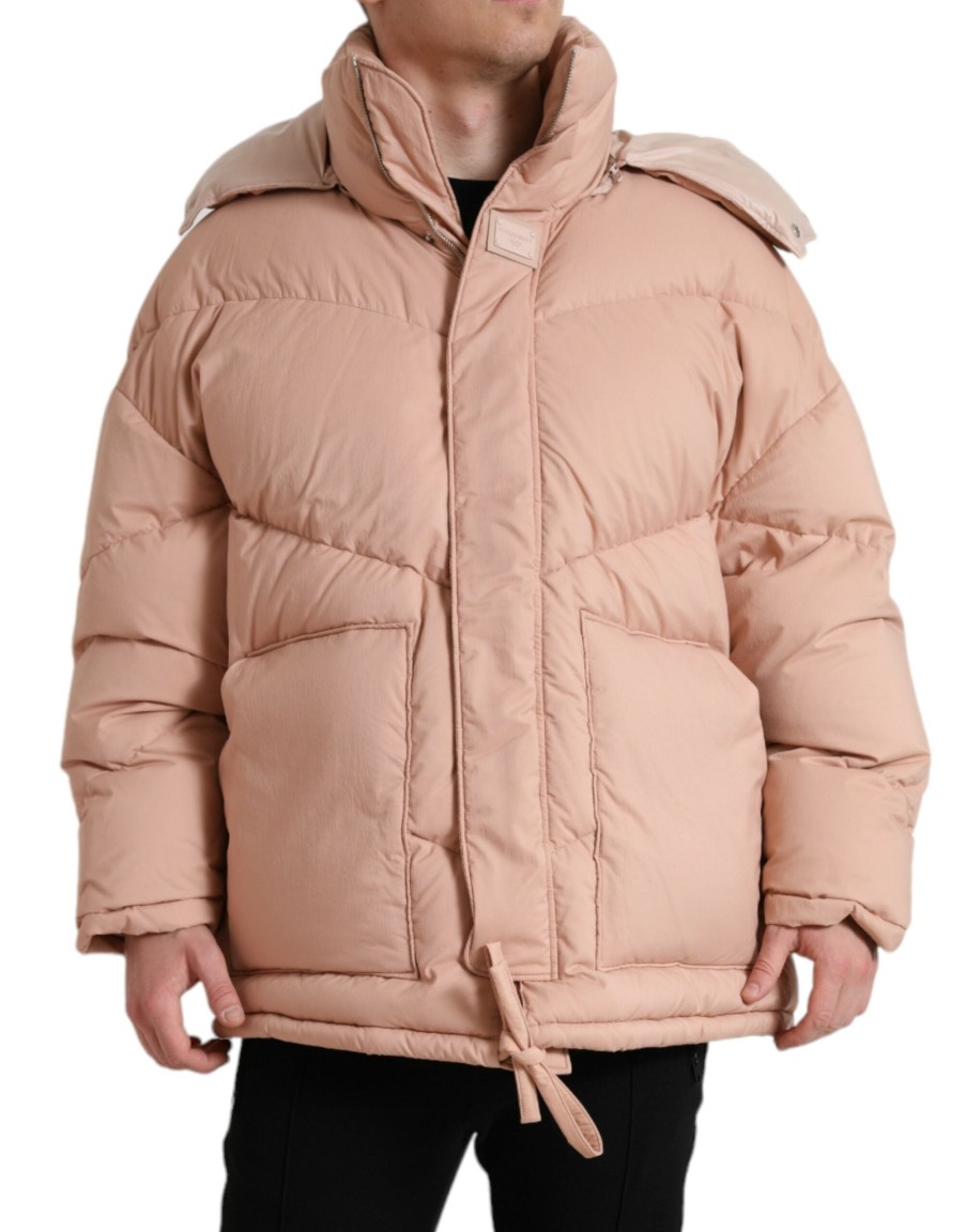 Men Dolce & Gabbana Men'S Jackets | Dolce & Gabbana Peach Polyester Hooded Puffer Winter Jacket