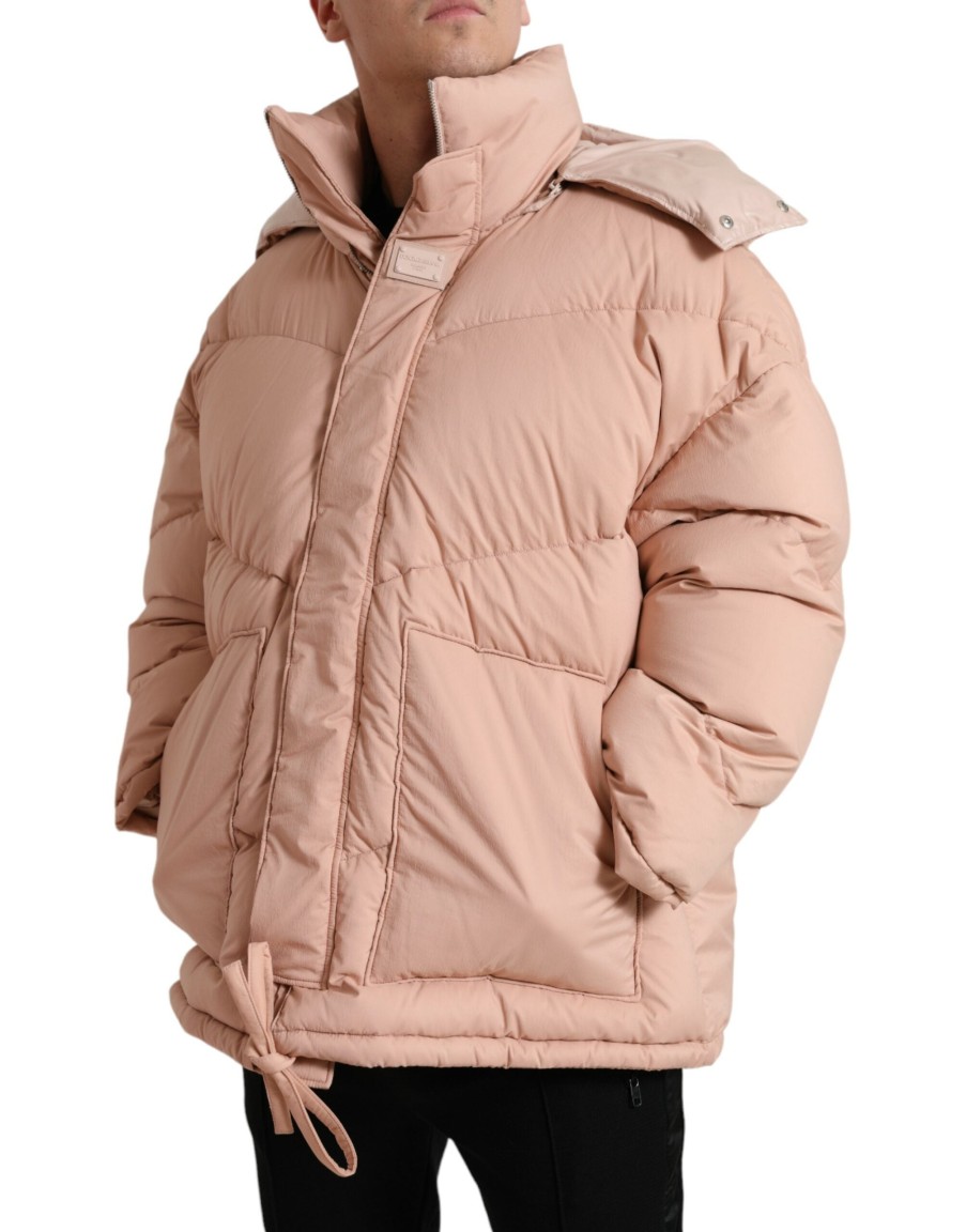 Men Dolce & Gabbana Men'S Jackets | Dolce & Gabbana Peach Polyester Hooded Puffer Winter Jacket