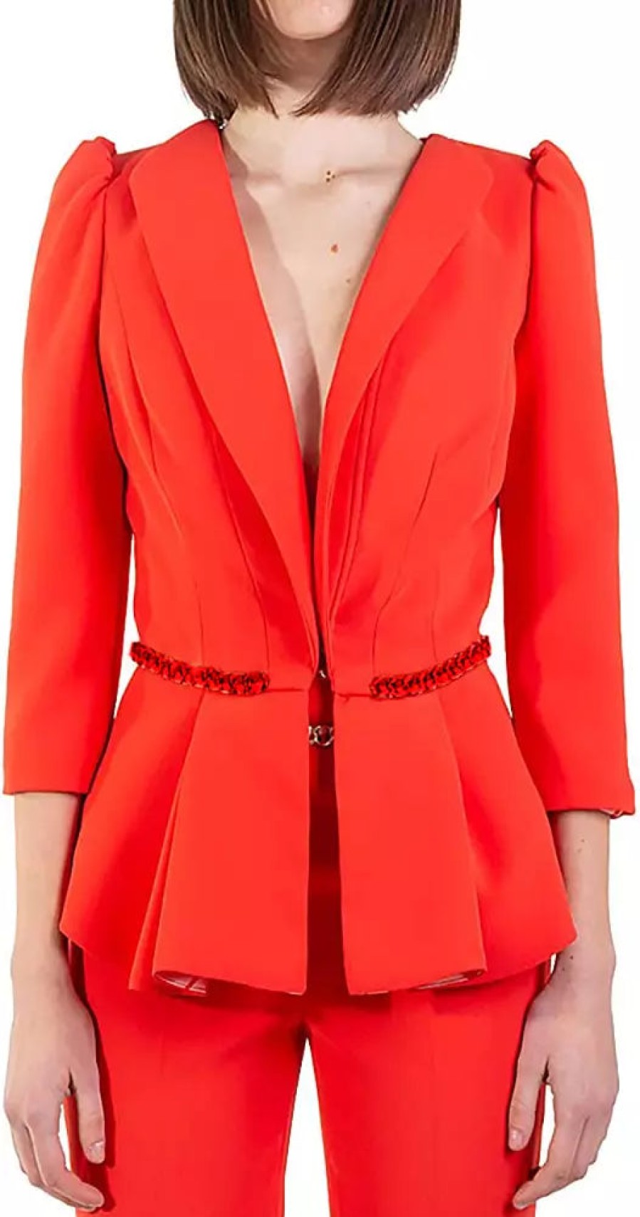 Women Elisabetta Franchi Women'S Suits & Blazers | Elisabetta Franchi Chic Red Crepe Jacket With Decorative Chain