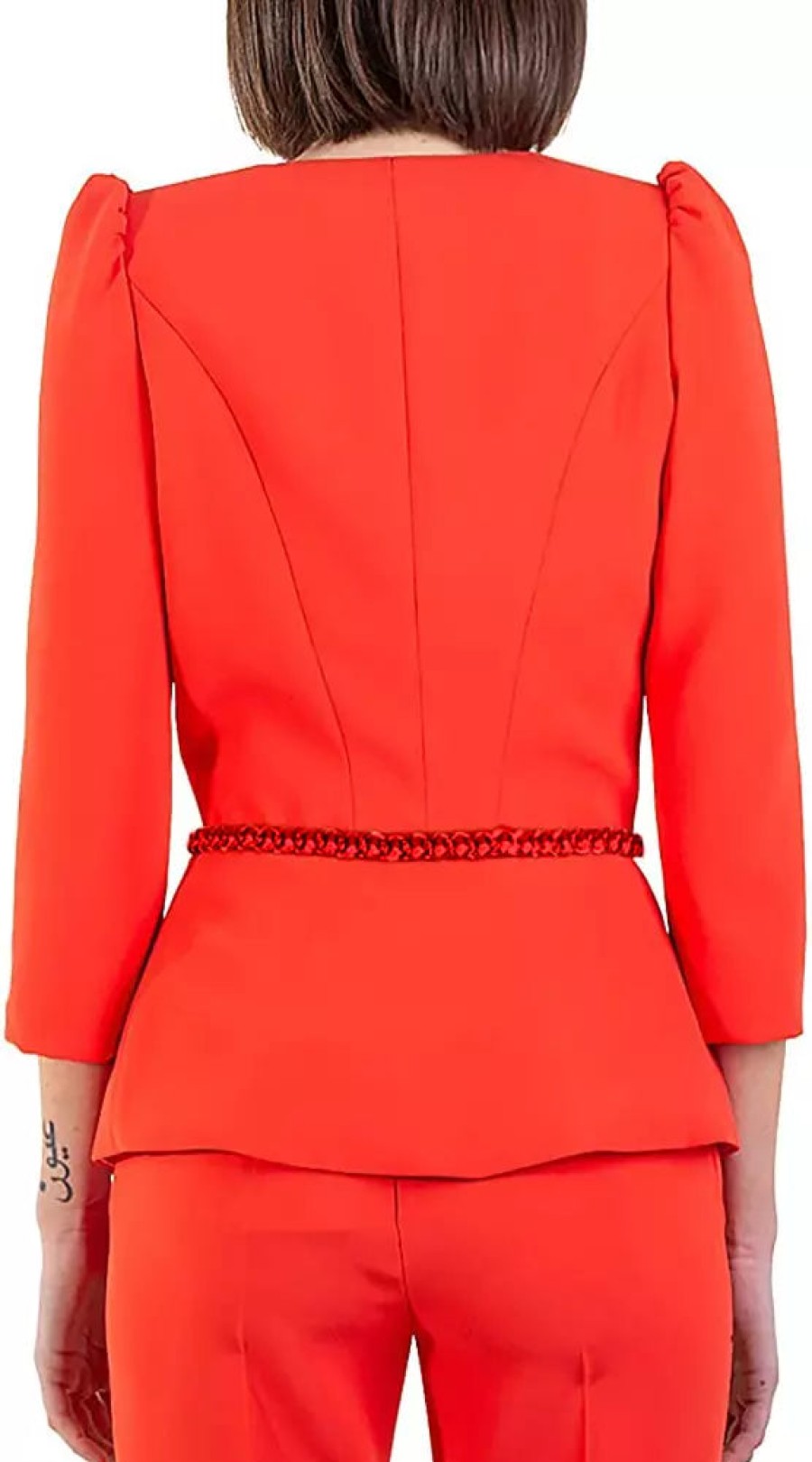 Women Elisabetta Franchi Women'S Suits & Blazers | Elisabetta Franchi Chic Red Crepe Jacket With Decorative Chain