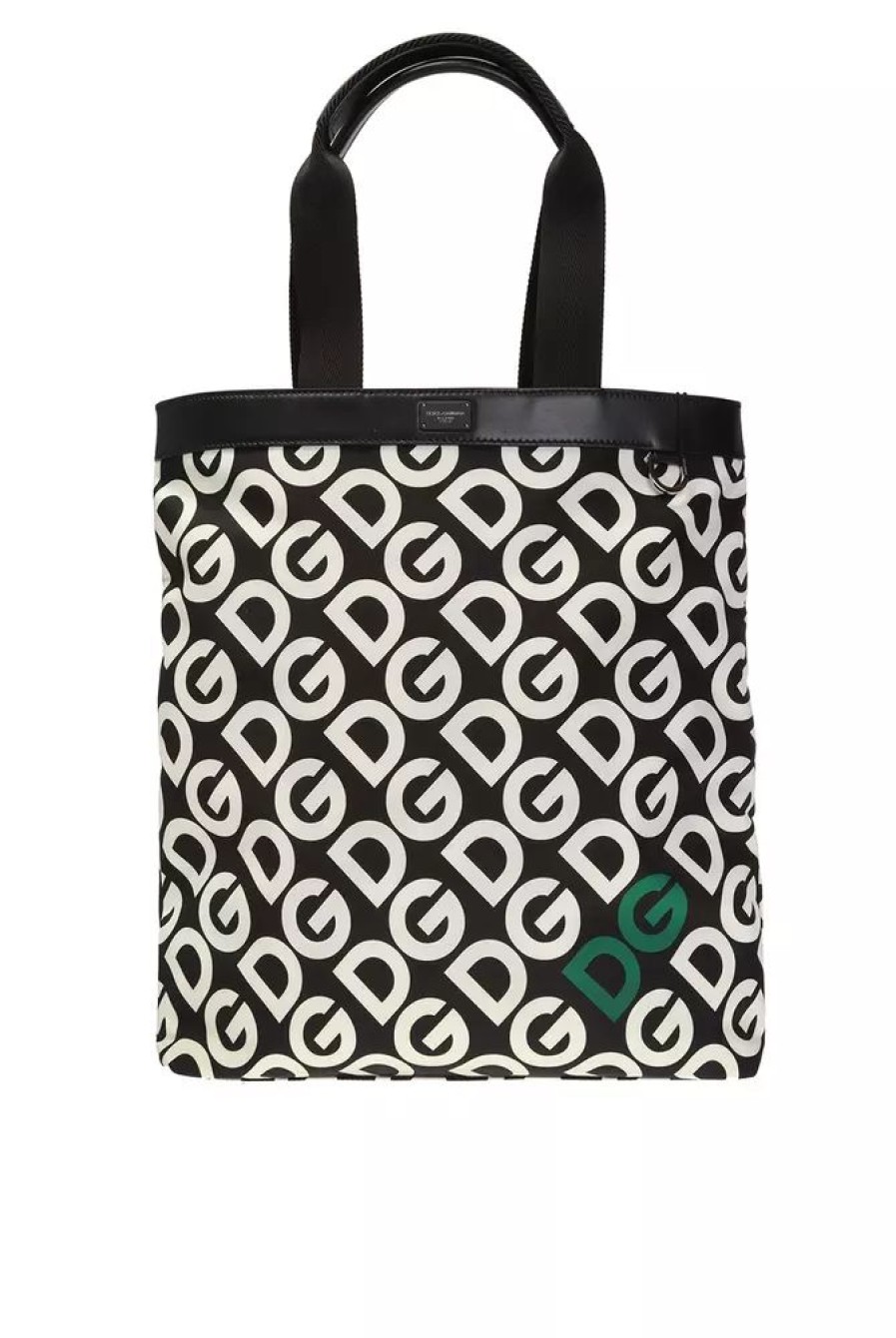 Men Dolce & Gabbana Men'S Tote Bags | Dolce & Gabbana Black Patterned Leather-Trim Shopper Bag