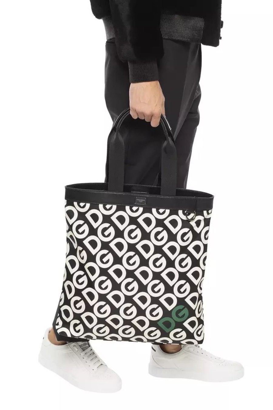 Men Dolce & Gabbana Men'S Tote Bags | Dolce & Gabbana Black Patterned Leather-Trim Shopper Bag