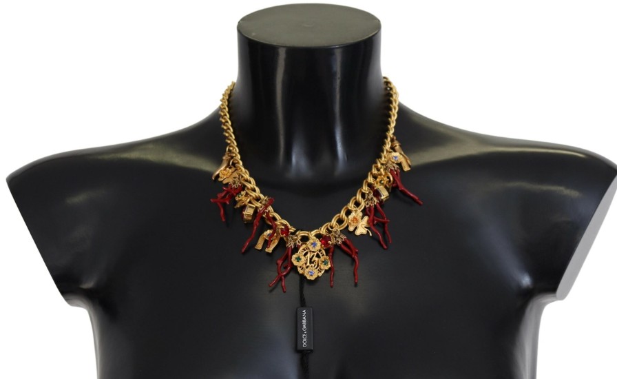 Women Dolce & Gabbana Women'S Necklaces | Dolce & Gabbana Gold Brass Crystal Logo Chili Statement Necklace