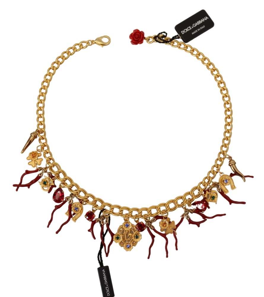 Women Dolce & Gabbana Women'S Necklaces | Dolce & Gabbana Gold Brass Crystal Logo Chili Statement Necklace