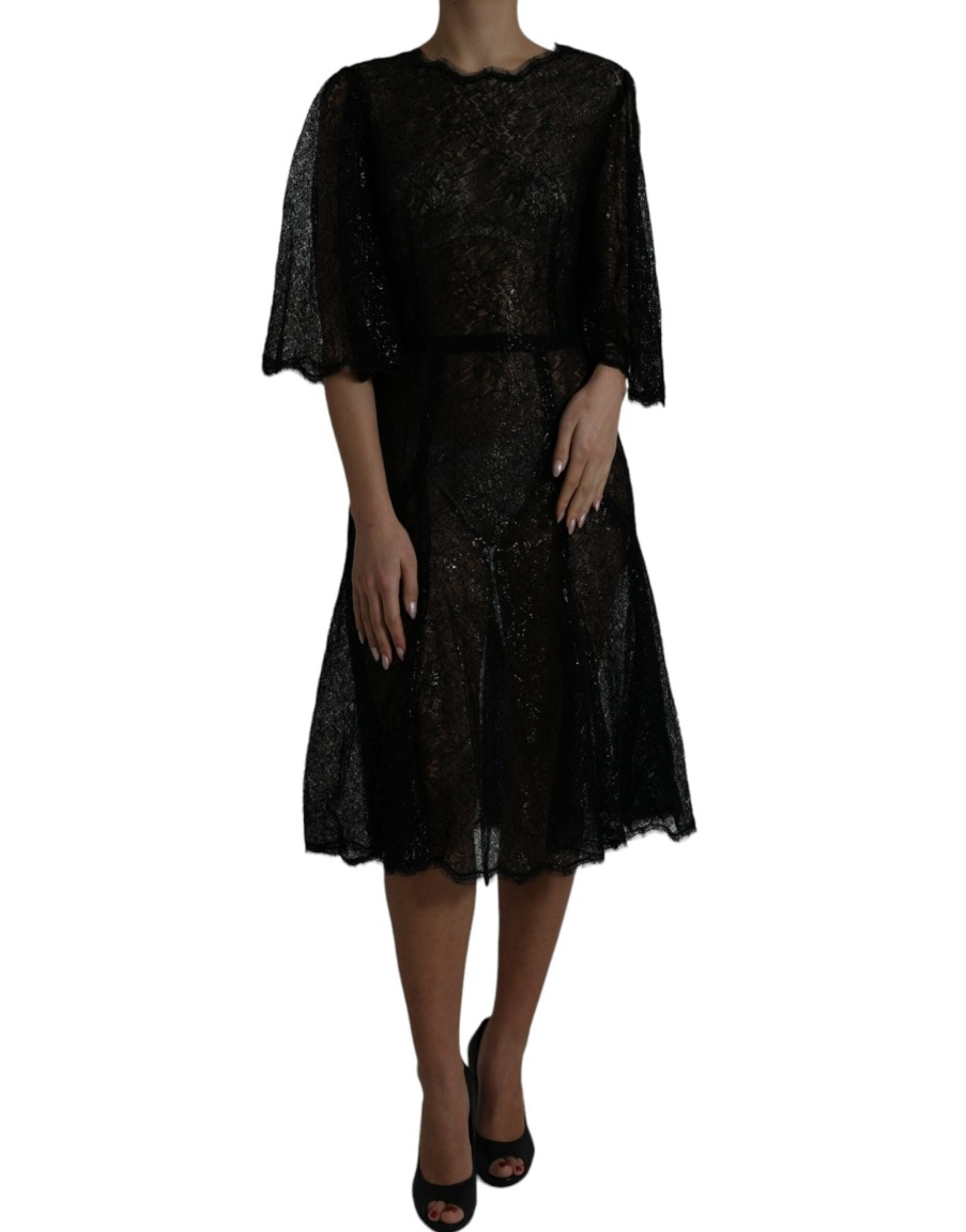 Women Dolce & Gabbana Women'S Dresses | Dolce & Gabbana Black Floral Lace Sheer A-Line Midi Dress