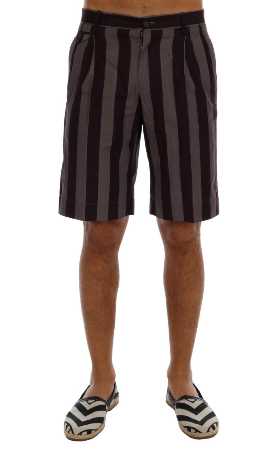 Men Dolce & Gabbana Men'S Shorts | Dolce & Gabbana Gray Purple Striped Cotton Shorts