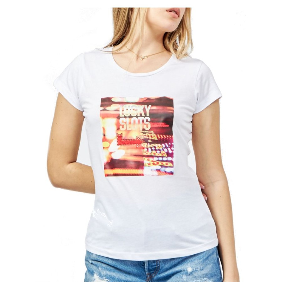 Women Yes Zee Women'S Tops & T-Shirts | Yes Zee Crisp White Crew-Neck Cotton Tee With Front Print