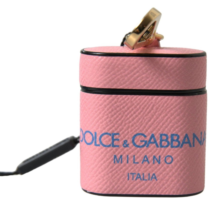 Women Dolce & Gabbana Women'S Others Accessories | Dolce & Gabbana Pink Blue Calf Leather Logo Print Strap Airpods Case