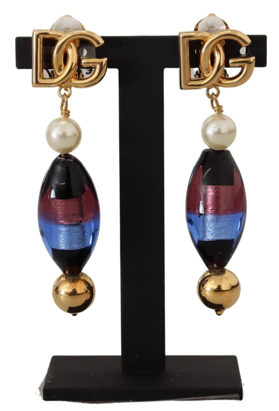 Women Dolce & Gabbana Women'S Earrings | Dolce & Gabbana Gold Plated Brass Glass Design Dangling Earrings