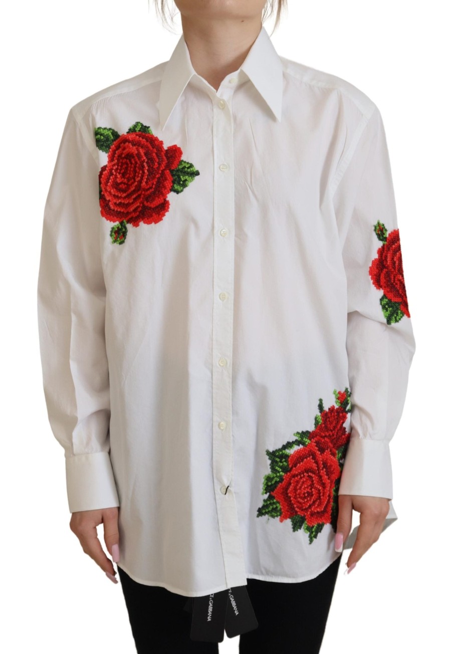 Women Dolce & Gabbana Women'S Shirts | Dolce & Gabbana White Cotton Flower Embroidery Shirt Top