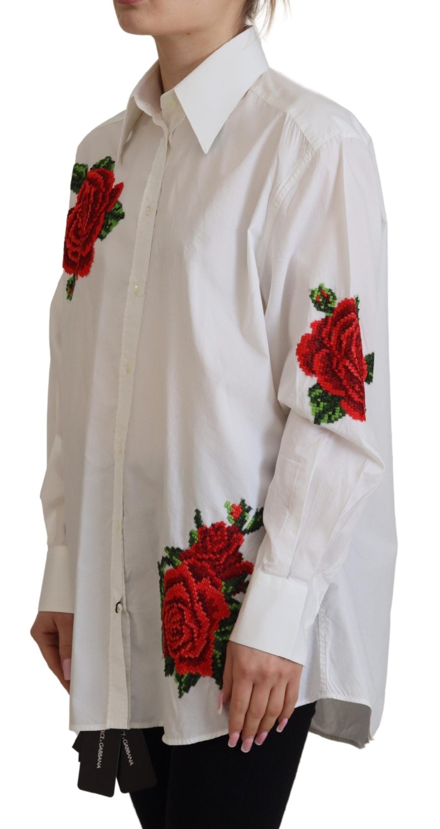 Women Dolce & Gabbana Women'S Shirts | Dolce & Gabbana White Cotton Flower Embroidery Shirt Top