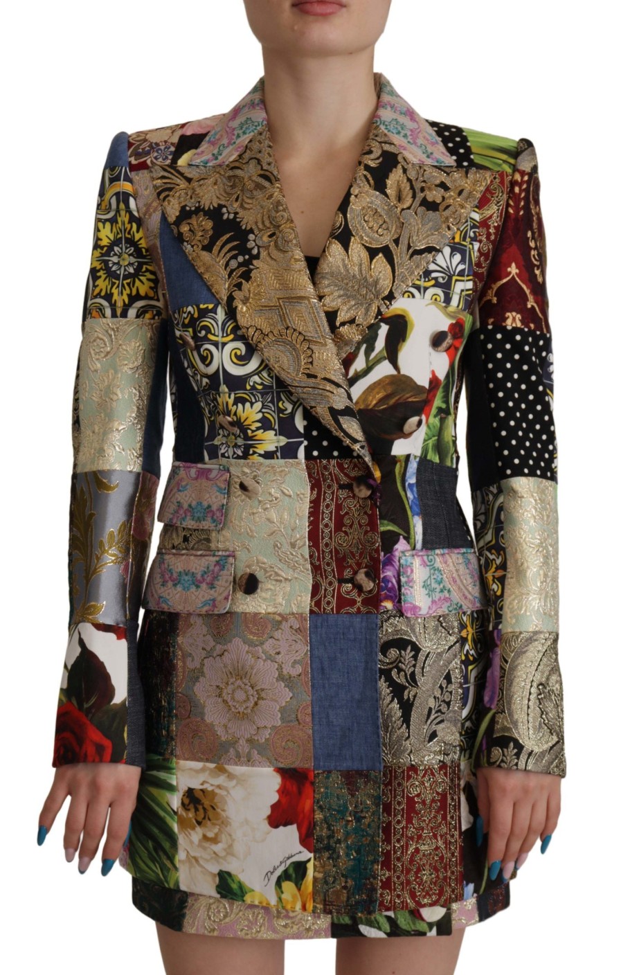 Women Dolce & Gabbana Women'S Suits & Blazers | Dolce & Gabbana Multicolor Double-Breasted Patchwork Jacquard Blazer J