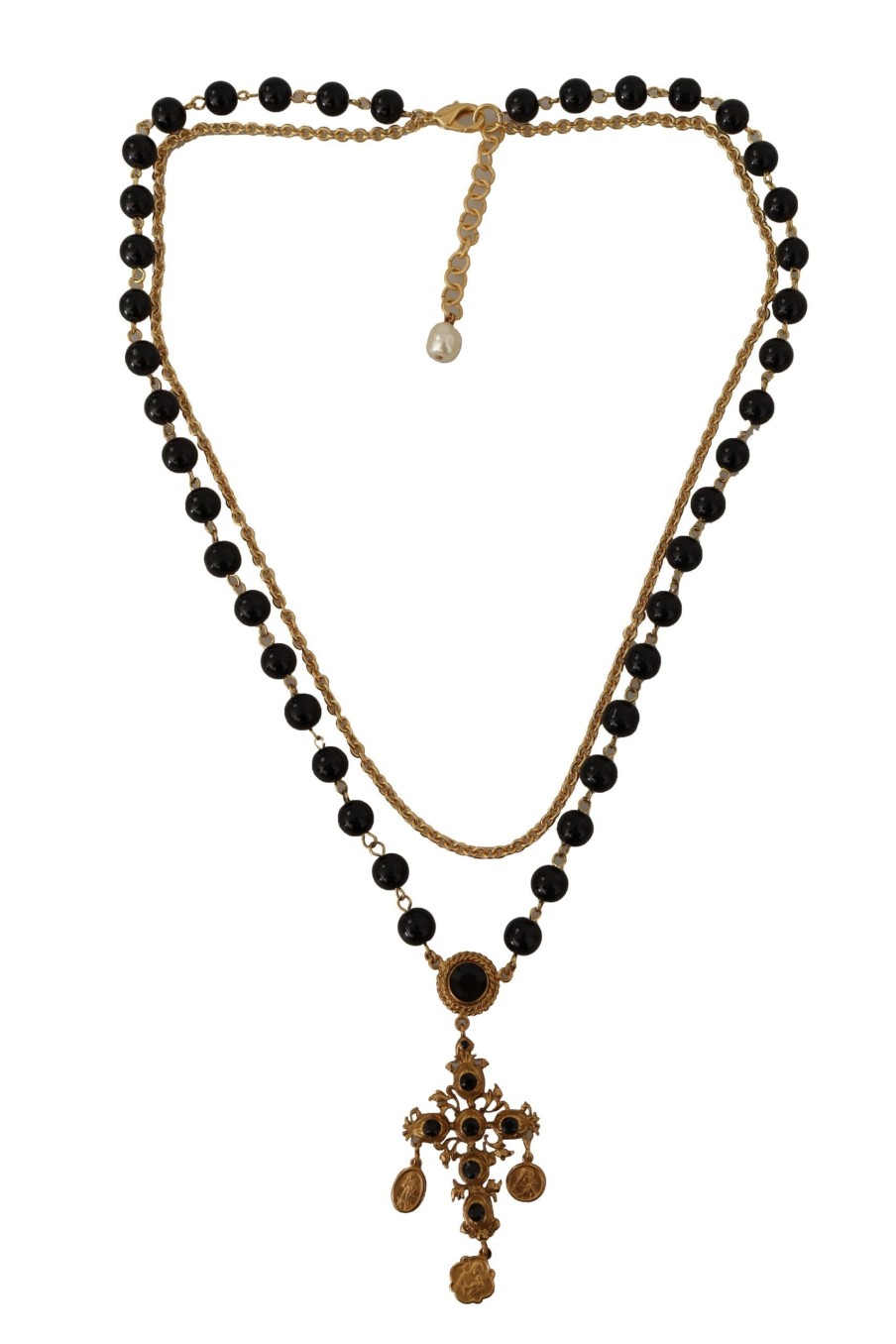 Women Dolce & Gabbana Women'S Necklaces | Dolce & Gabbana Gold Tone Brass Cross Chain Black Crystal Beaded Neckl