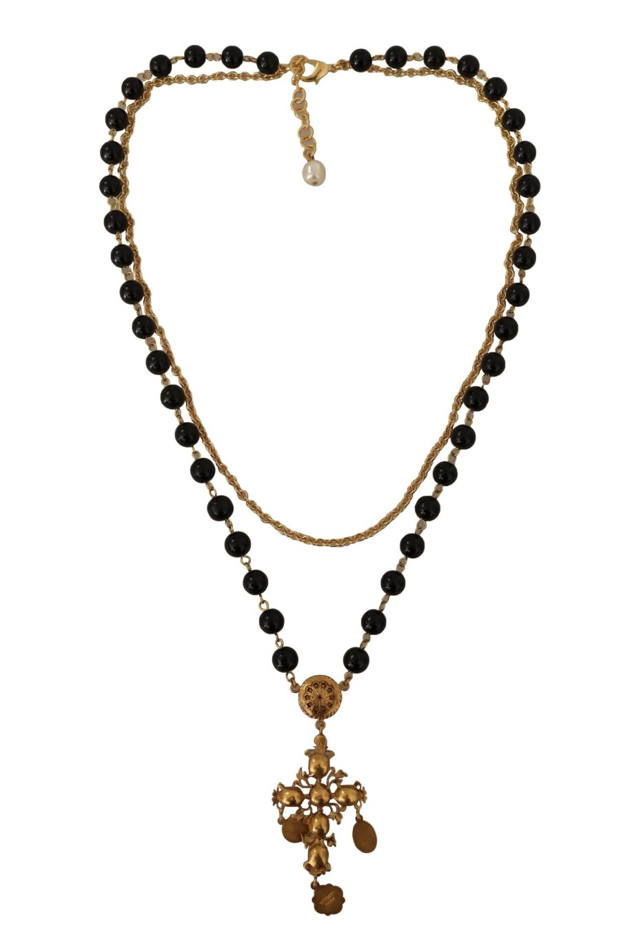 Women Dolce & Gabbana Women'S Necklaces | Dolce & Gabbana Gold Tone Brass Cross Chain Black Crystal Beaded Neckl