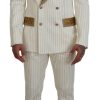 Men Dolce & Gabbana Men'S Suits | Dolce & Gabbana Off White Gold Striped Tuxedo Slim Fit Suit