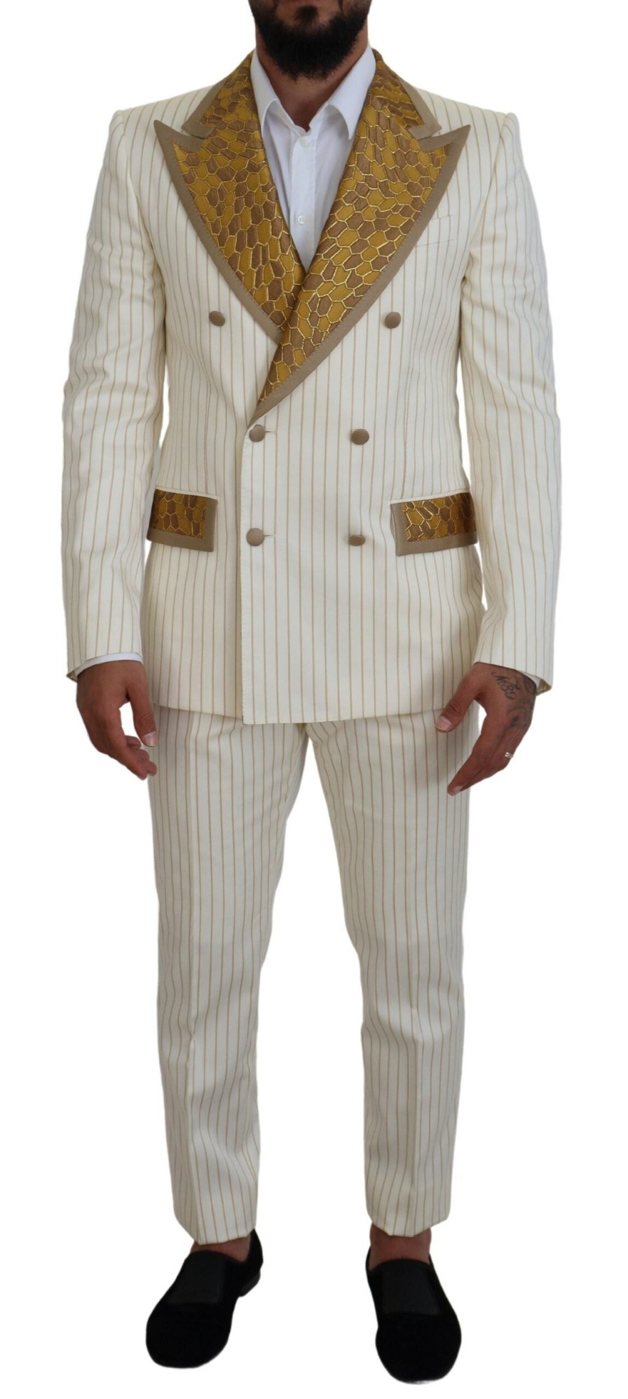 Men Dolce & Gabbana Men'S Suits | Dolce & Gabbana Off White Gold Striped Tuxedo Slim Fit Suit