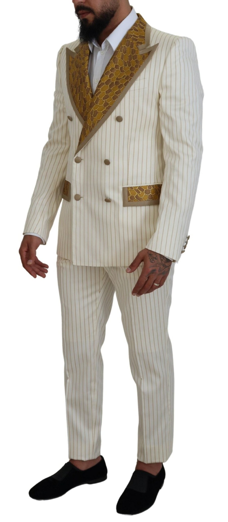 Men Dolce & Gabbana Men'S Suits | Dolce & Gabbana Off White Gold Striped Tuxedo Slim Fit Suit