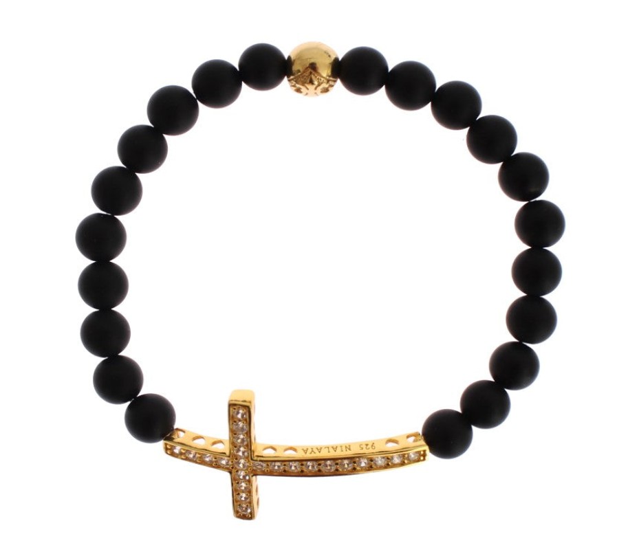 Women Nialaya Women'S Bracelets | Nialaya Matte Onyx Stone Gold Cz Cross 925 Silver Bracelet