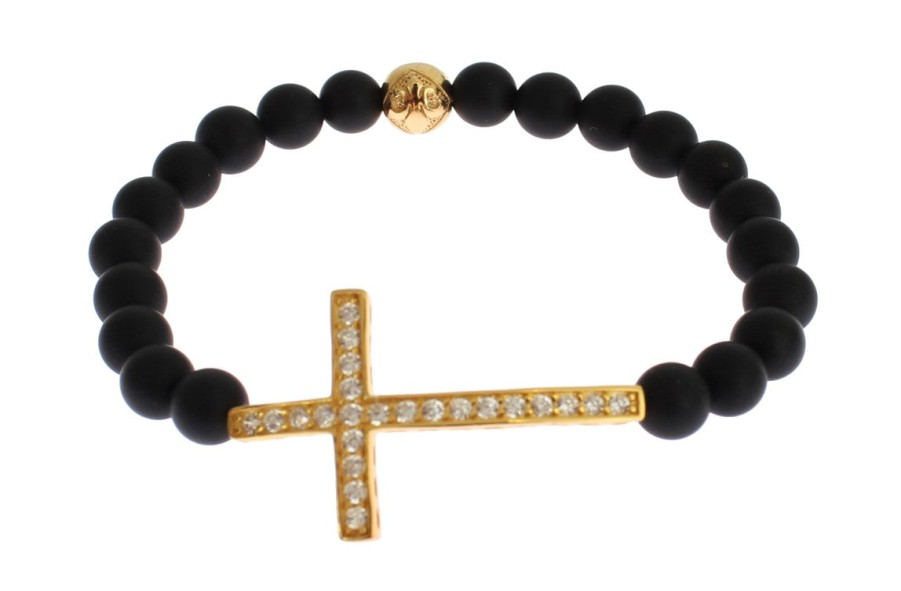 Women Nialaya Women'S Bracelets | Nialaya Matte Onyx Stone Gold Cz Cross 925 Silver Bracelet