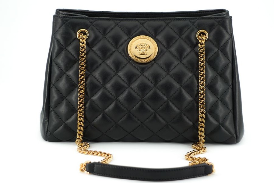 Women Versace Women'S Tote Bags | Versace Black Quilted Nappa Leather Medusa Tote Handbag