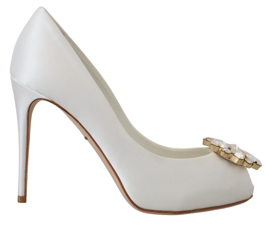 Women Dolce & Gabbana Women'S Sandals | Dolce & Gabbana White Crystals Peep Toe Heel Satin Pumps