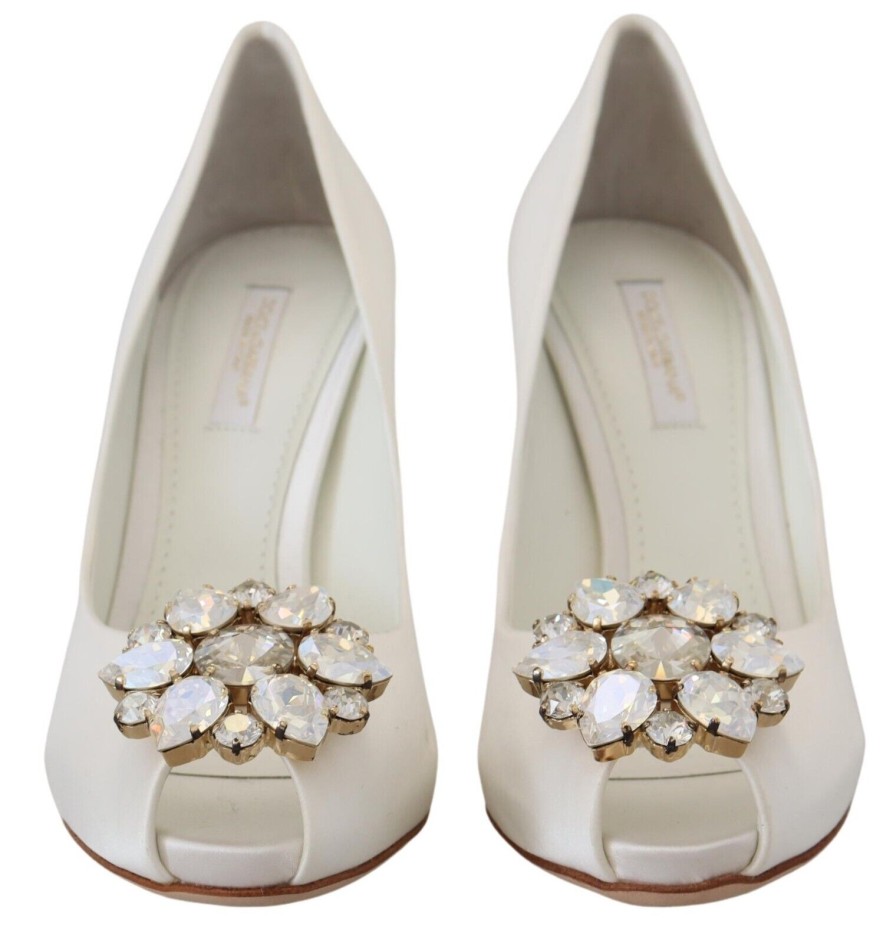 Women Dolce & Gabbana Women'S Sandals | Dolce & Gabbana White Crystals Peep Toe Heel Satin Pumps