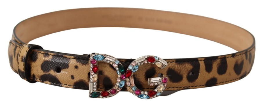 Women Dolce & Gabbana Women'S Belts | Dolce & Gabbana Brown Leopard Leather Dg Crystals Buckle Belt