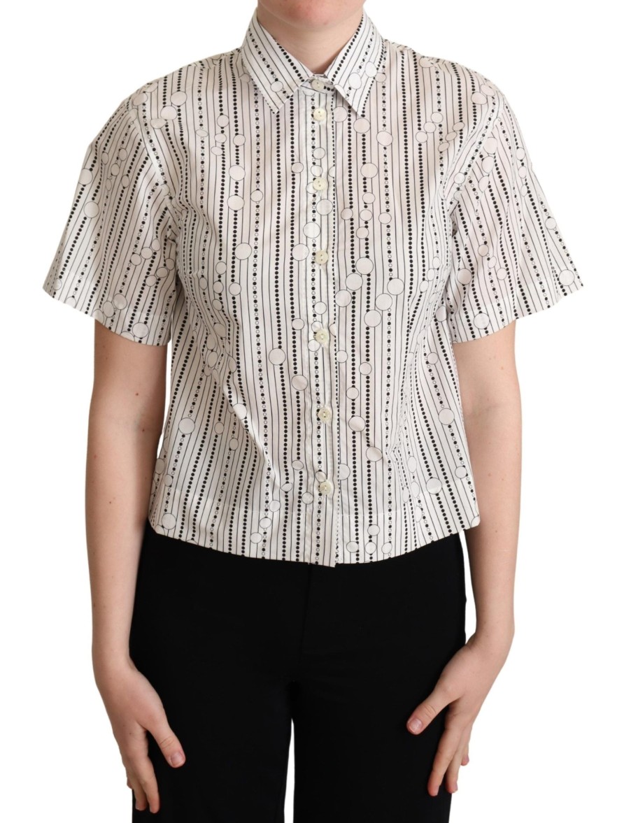 Women Dolce & Gabbana Women'S Shirts | Dolce & Gabbana White Circles Dots Collared Button Up Shirt