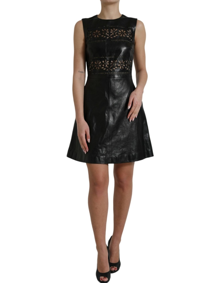 Women Valentino Women'S Dresses | Valentino Shiny Black Nylon Cut Out A-Line Mini Dress