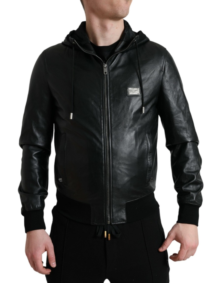 Men Dolce & Gabbana Men'S Jackets | Dolce & Gabbana Black Leather Hooded Full Zip Logo Jacket