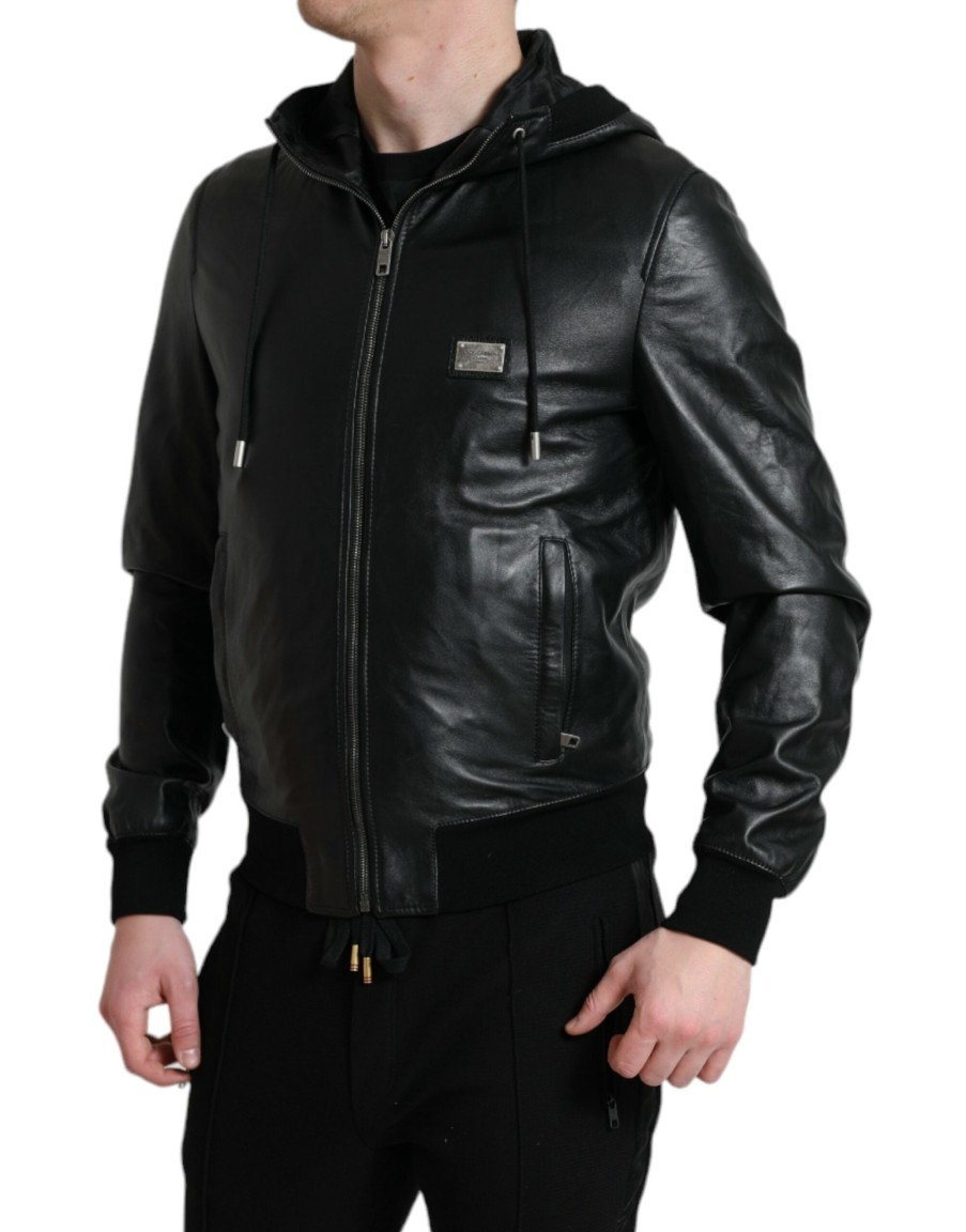 Men Dolce & Gabbana Men'S Jackets | Dolce & Gabbana Black Leather Hooded Full Zip Logo Jacket