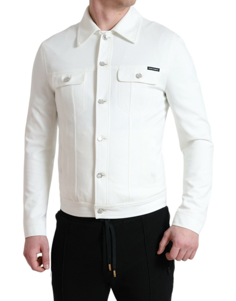 Men Dolce & Gabbana Men'S Jackets | Dolce & Gabbana White Cotton Stretch Collared Denim Jacket