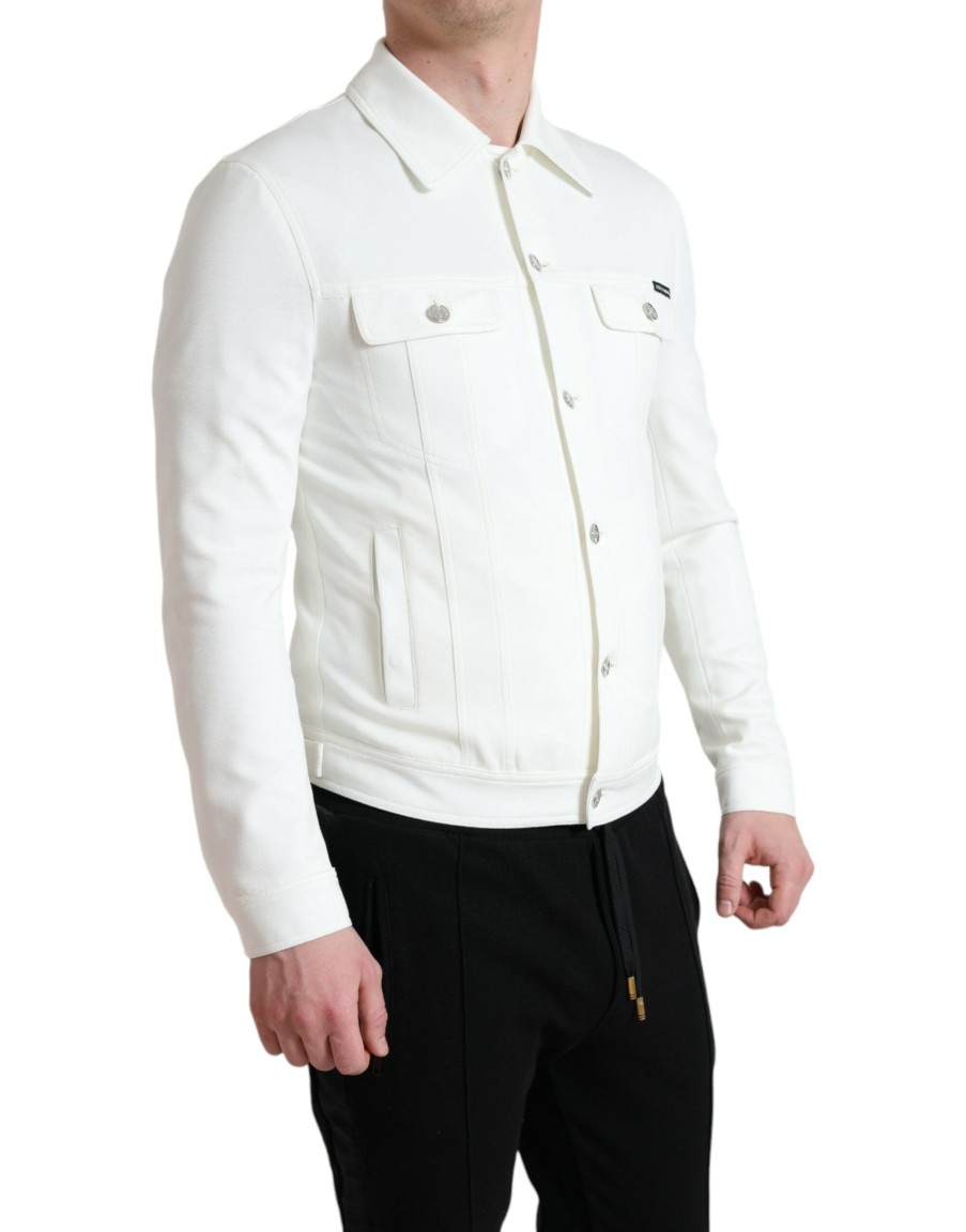 Men Dolce & Gabbana Men'S Jackets | Dolce & Gabbana White Cotton Stretch Collared Denim Jacket