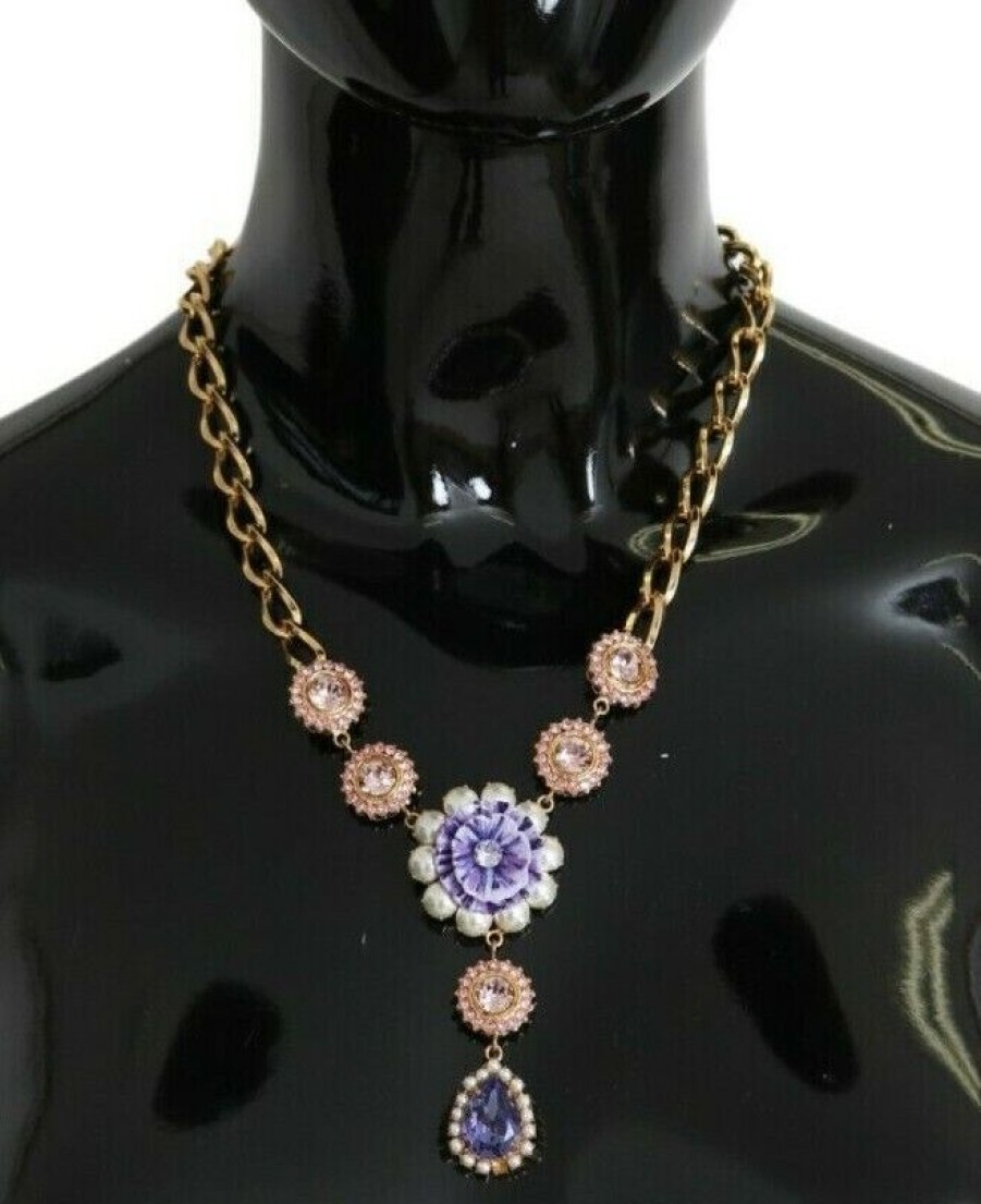 Women Dolce & Gabbana Women'S Earrings | Dolce & Gabbana Pink Gold Brass Crystal Purple Pearl Pendants