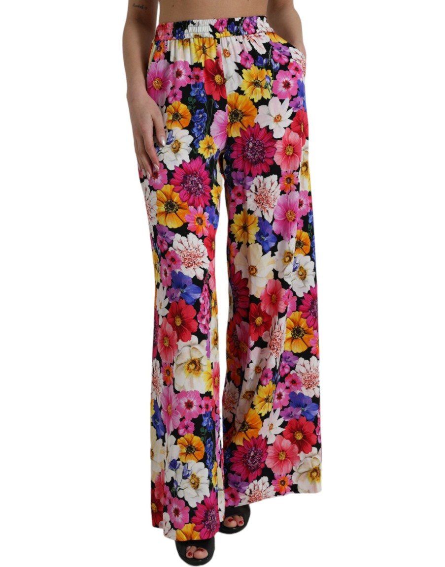 Women Dolce & Gabbana Women'S Pants & Jeans | Dolce & Gabbana Multicolor Floral High Waist Wide Silk Pants