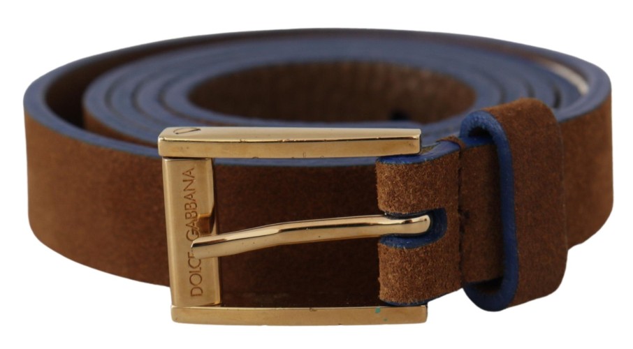 Women Dolce & Gabbana Women'S Belts | Dolce & Gabbana Dark Brown Blue Leather Gold Metal Buckle Belt