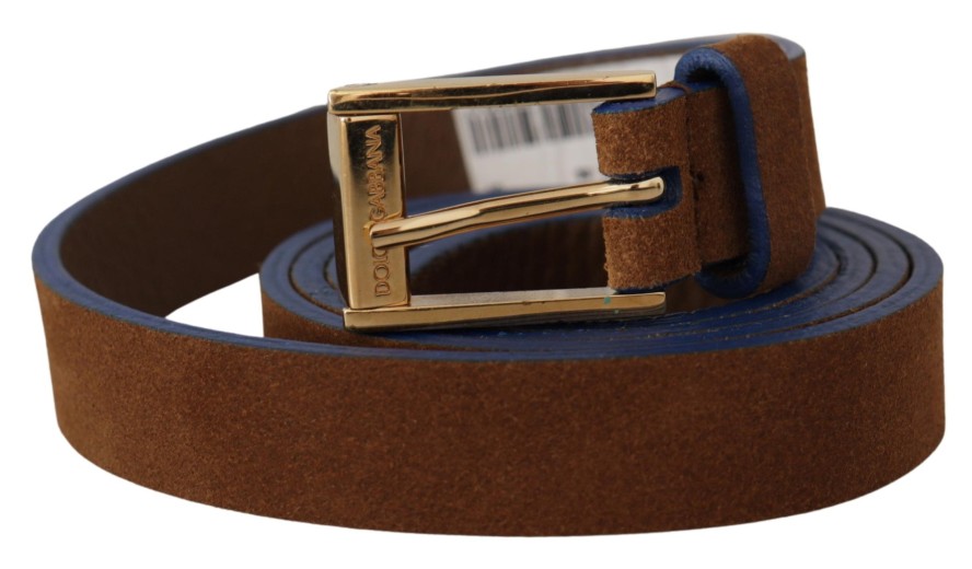 Women Dolce & Gabbana Women'S Belts | Dolce & Gabbana Dark Brown Blue Leather Gold Metal Buckle Belt