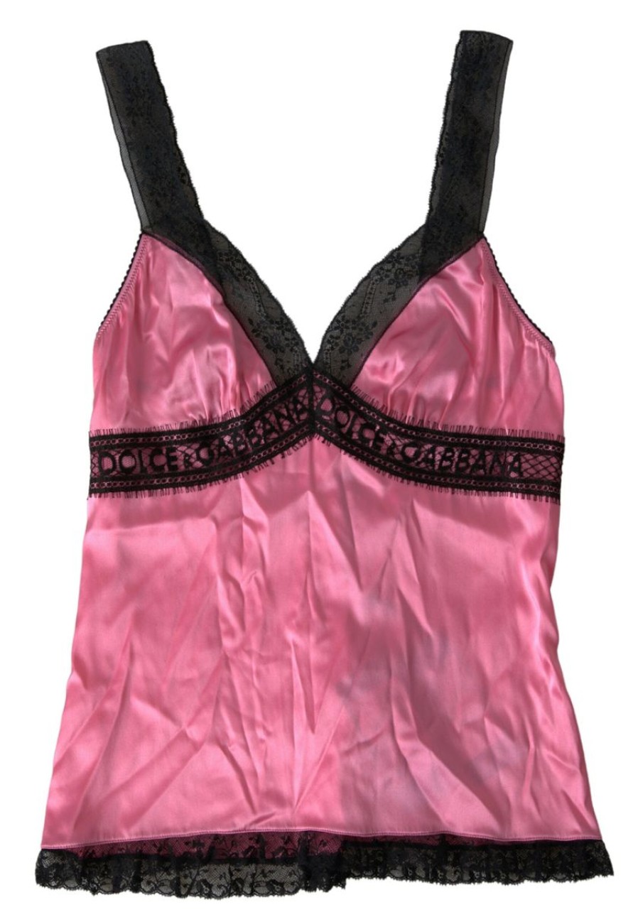 Women Dolce & Gabbana Women'S Underwear | Dolce & Gabbana Pink Lace Silk Sleepwear Camisole Top Underwear