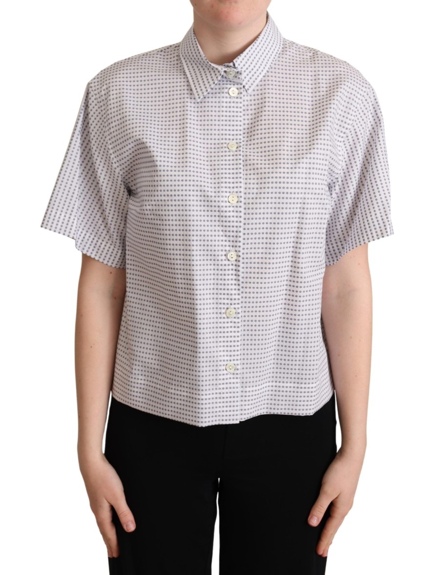 Women Dolce & Gabbana Women'S Shirts | Dolce & Gabbana White Polka Dots Collared Blouse Shirt